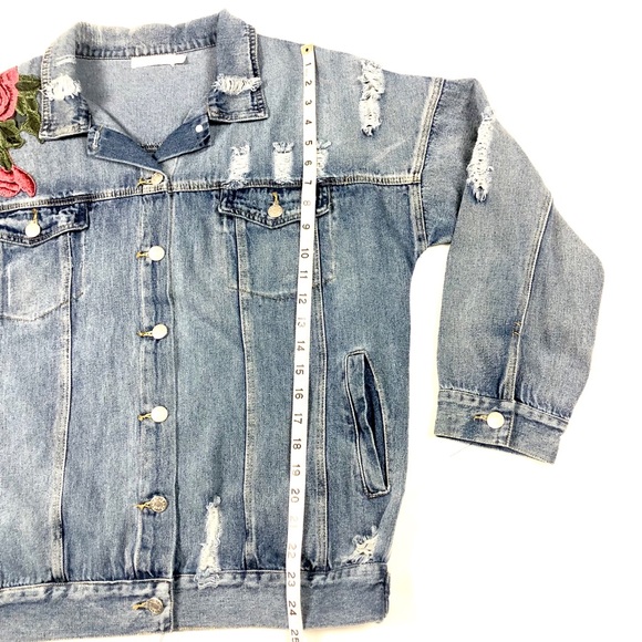 Women’s Distressed Floral Appliqués Denim Jacket L - Picture 8 of 16